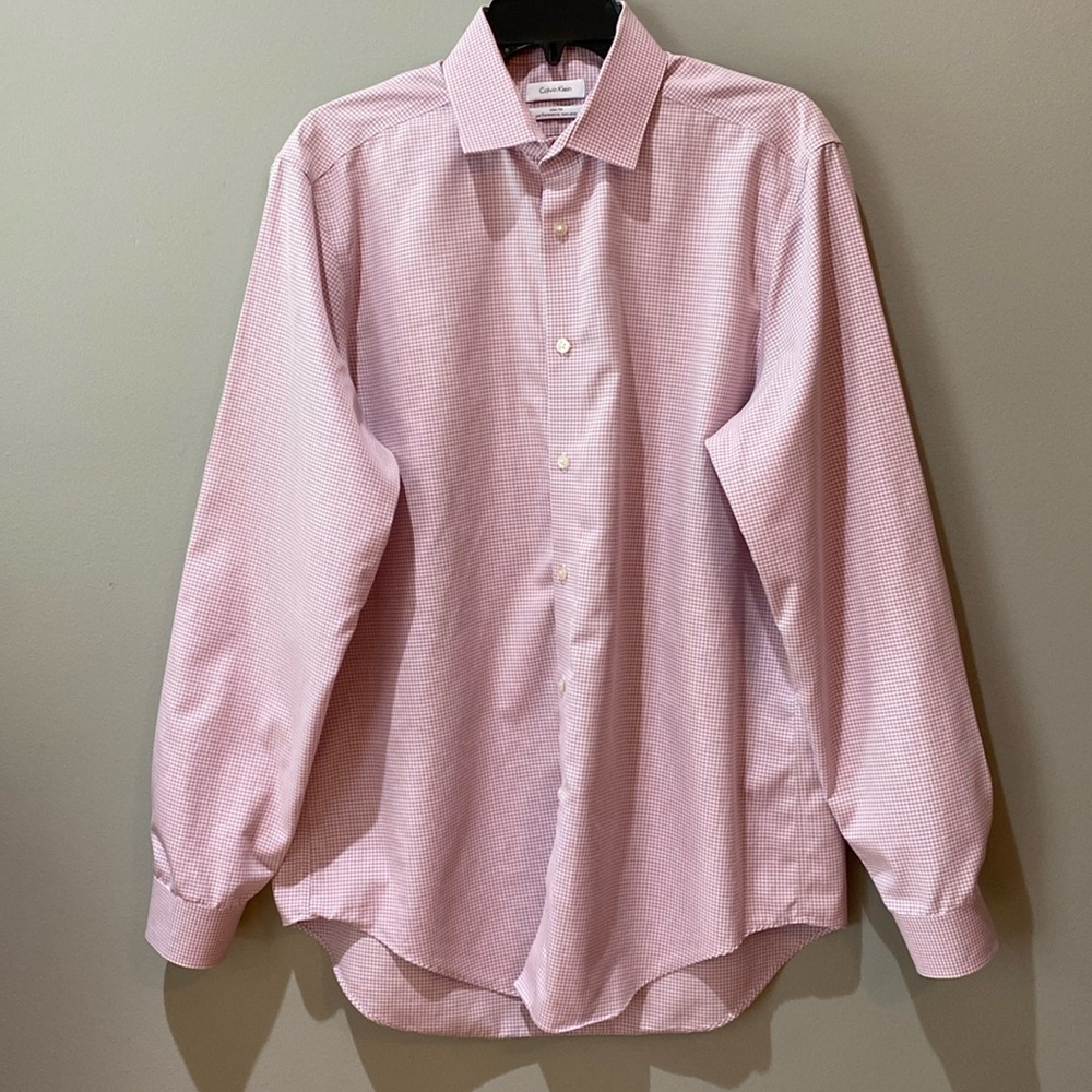 Calvin Klein Slim Fit Performance Pink Plaid Dress Shirt Men’s 16.5 34/35